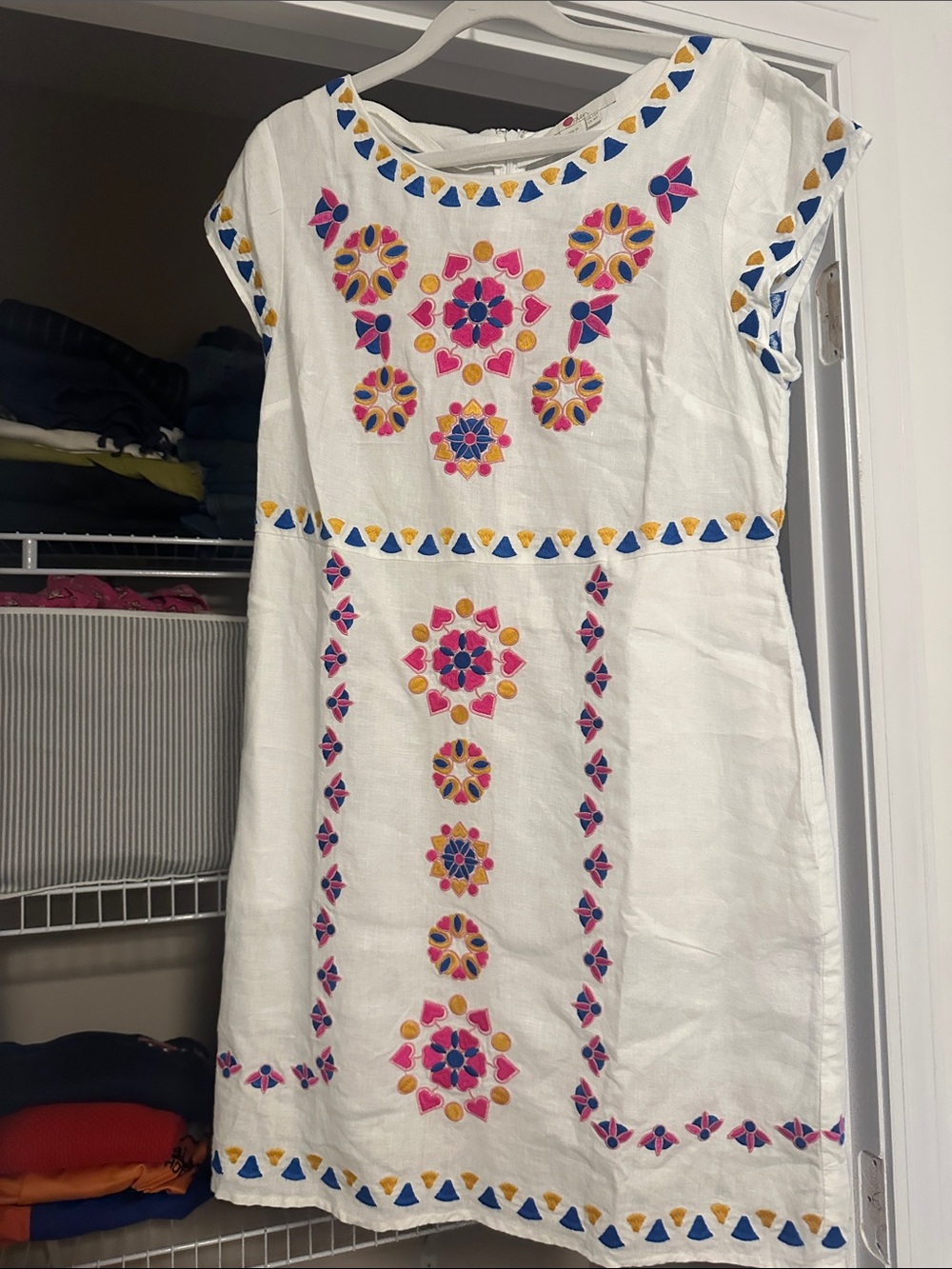 Boden White Midi Dress with Pink, Blue & Yellow Embroidery